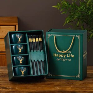 4pcs Ceramic Bowl (Green) with Chopsticks