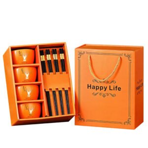 4pcs Ceramic Bowl (Orange) with Chopsticks